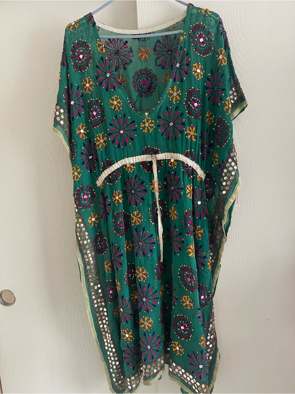 Raj by Anthropologie 100% Silk Embroidered Kaftan Tunic Dress One Size Green